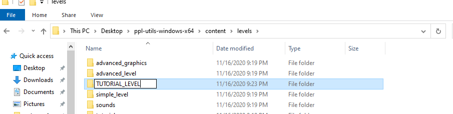 Windows explorer window in ppl-utils/content/levels directory and creating TUTORIAL_LEVEL directory