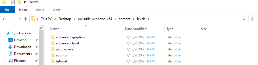 Windows explorer window in ppl-utils/content/levels directory